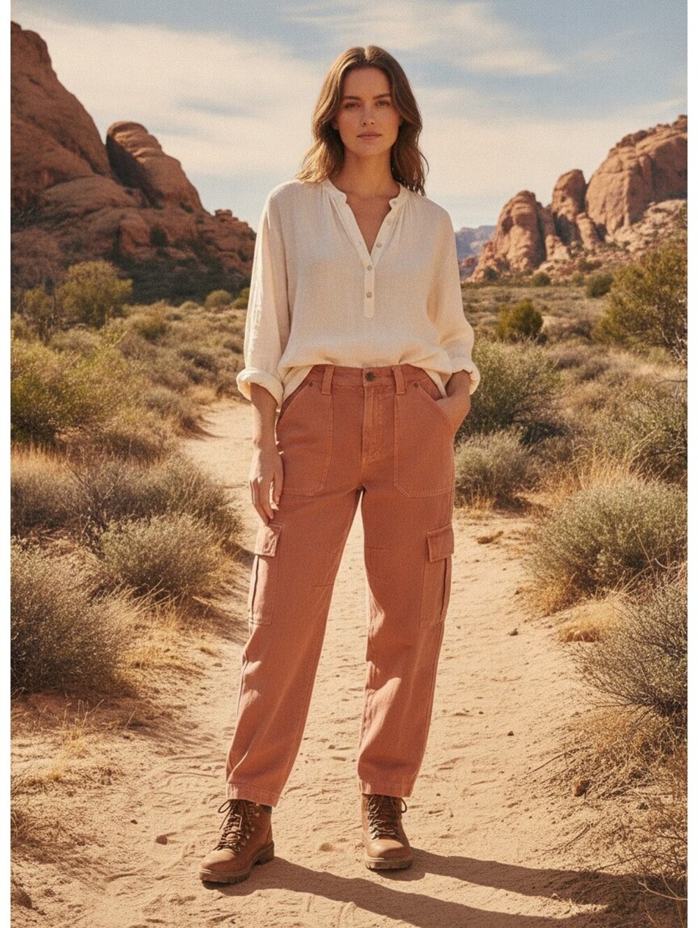 Billabong Walk Along Cargo Pants 28 Terracotta Cotton Twill Relaxed Wide Leg